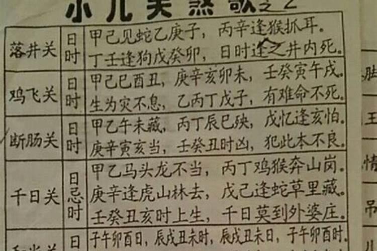 八字命理小儿关煞表